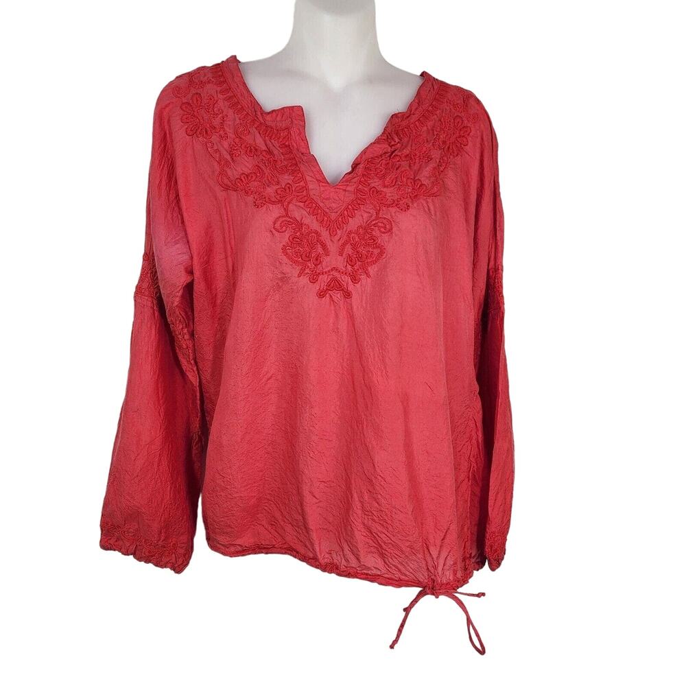 Chicos Womens Top 0 Size 4 Red 100% Silk Embroidered Waist Drawstring 3/4 Sleeve